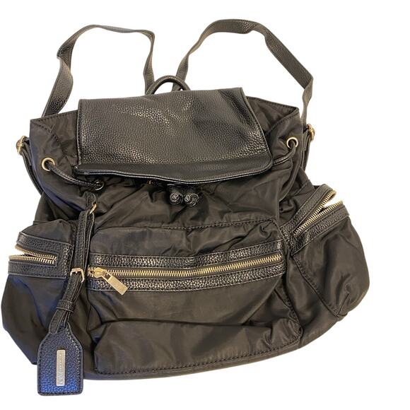 Neiman Marcus Designer Backpack Black PVC Nylon Travel Day Bag Silvertone Logo - Picture 1 of 11